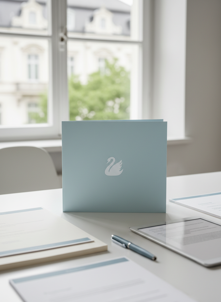 A refined white swan logo elegantly embossed on a pastel light-blue folder, resting on a clean white desk in a contemporary home office environment. Around the folder lie neatly aligned care documents, a muted-blue pen, and a sleek tablet displaying softly blurred text. In the background, a large window reveals an out-of-focus suggestion of Nymphenburg’s classic architecture and greenery. Soft natural daylight creates delicate gradients across the folder and subtle shadows under the objects. Photographed from a slightly elevated angle with a shallow depth of field, the swan logo is in crisp focus at the center of the composition. The mood is sophisticated and trustworthy, with a minimalist, photographic realism that reflects a premium ambulant care brand identity.