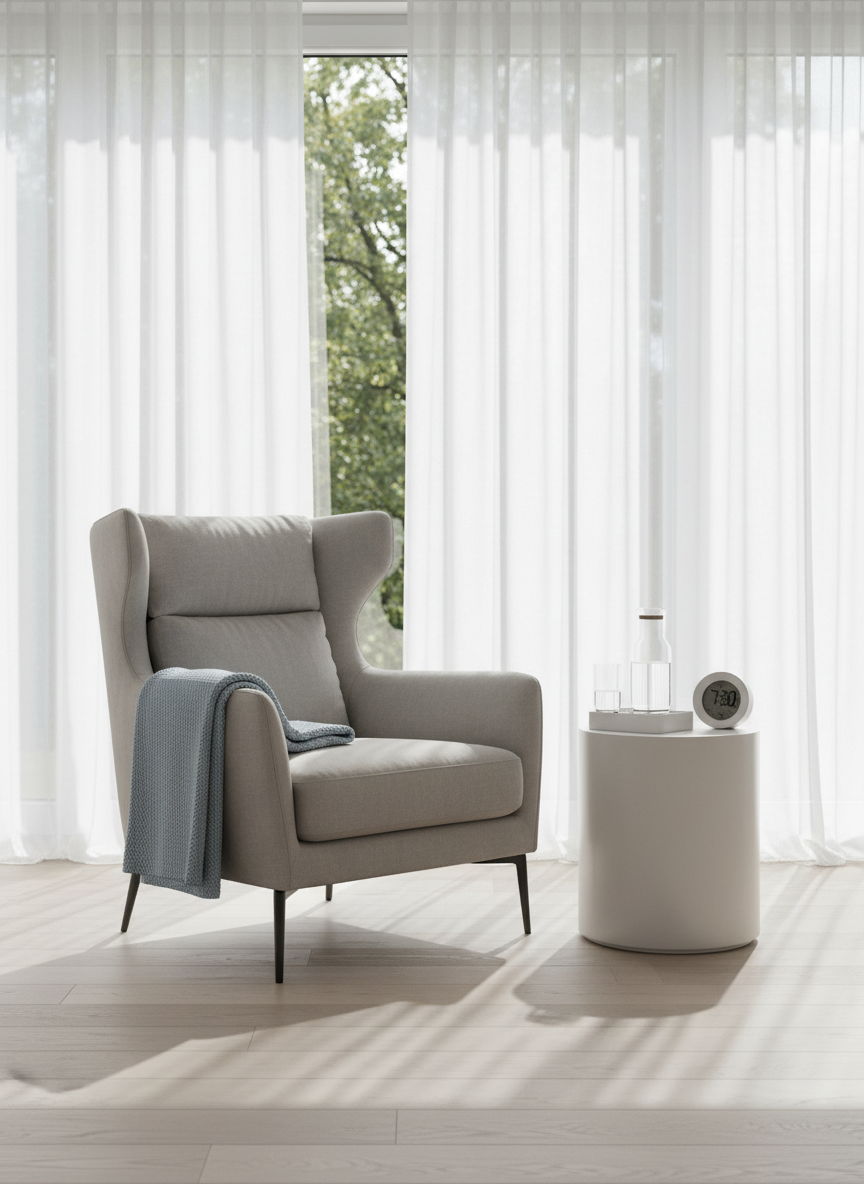 An inviting living room scene prepared for ambulant care: a comfortable light-grey armchair with a folded pastel-blue blanket over the armrest, a white side table holding a water carafe, medication organizer, and a small clock, all arranged with precise order. In the background, tall windows with sheer white curtains reveal a soft, blurred hint of Nymphenburg’s greenery. Morning light streams in gently, casting elongated, soft shadows on the pale wood floor and creating a tranquil brightness. Shot at a three-quarter angle with the armchair in the foreground and the window softly out of focus, the composition feels open and airy. The style is realistic, minimalist, and elegant, communicating dignified, home-based support.