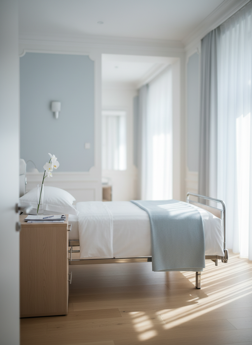 A neatly made care bed with crisp white linens and a pastel light-blue throw blanket folded at the foot, set in a bright, modern room inspired by Nymphenburg villas. A vase with a single white flower stands on a minimalist bedside table next to organized medical documentation. Soft daylight filters through sheer white curtains, creating gentle highlights on the smooth wooden floor and subtle shadows along the bed frame. Shot at eye level with a balanced, centered composition and shallow depth of field, the background fades into a soft blur of muted blue and white tones. The mood is calm, professional, and reassuring, with photographic realism and an elegant, minimalist aesthetic.