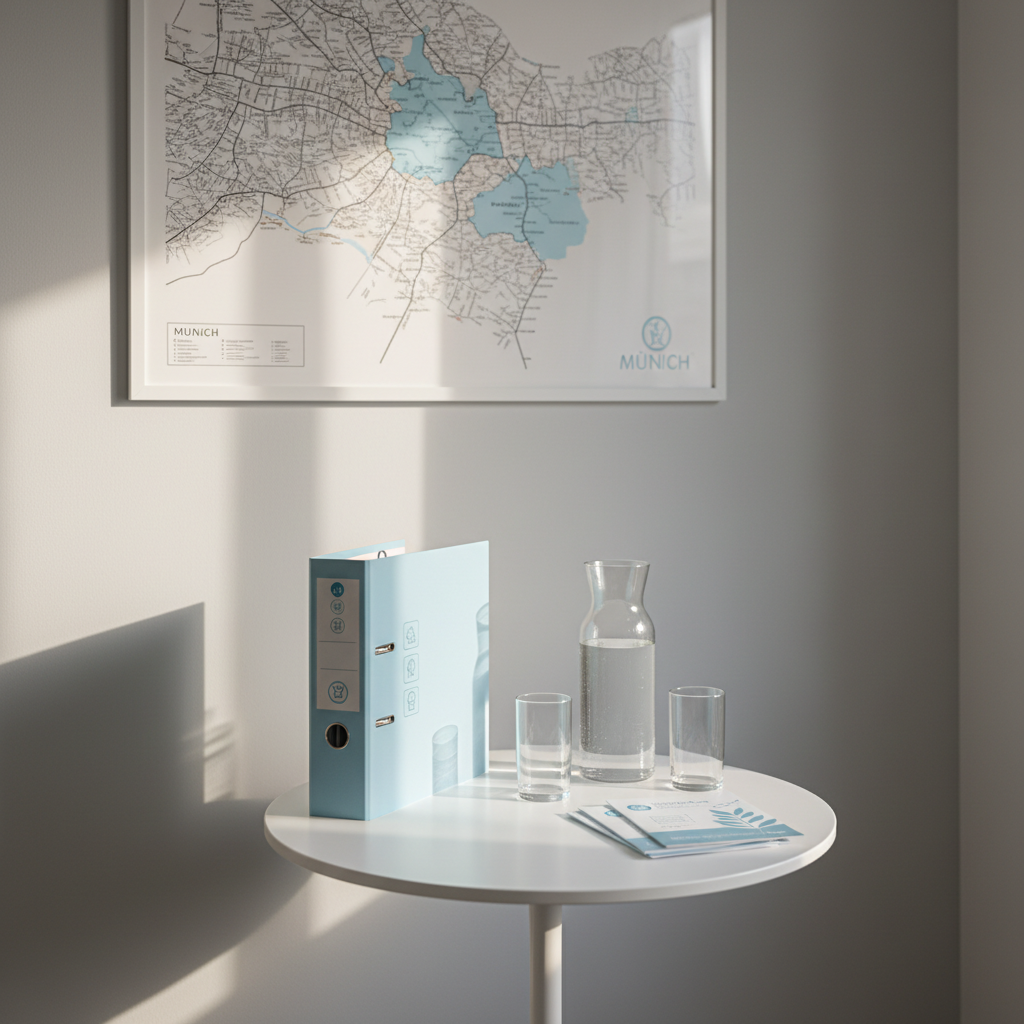 A meticulously arranged care consultation corner in a stylish Munich apartment: a small white round table holding a pastel-blue binder labeled with subtle care service icons, a glass carafe of water with two empty glasses, and a tidy stack of informational brochures in muted blue and white. Behind, a large wall map of Munich with the Nymphenburg district subtly highlighted in soft blue tones adds local context. Gentle afternoon daylight enters from the side, creating soft gradients on the wall and delicate reflections on the glass. Shot at eye level with asymmetrical balance, the table in the foreground and the map slightly out of focus, the composition feels inviting and structured. The photographic, minimalist style conveys clarity, transparency, and regional connection.