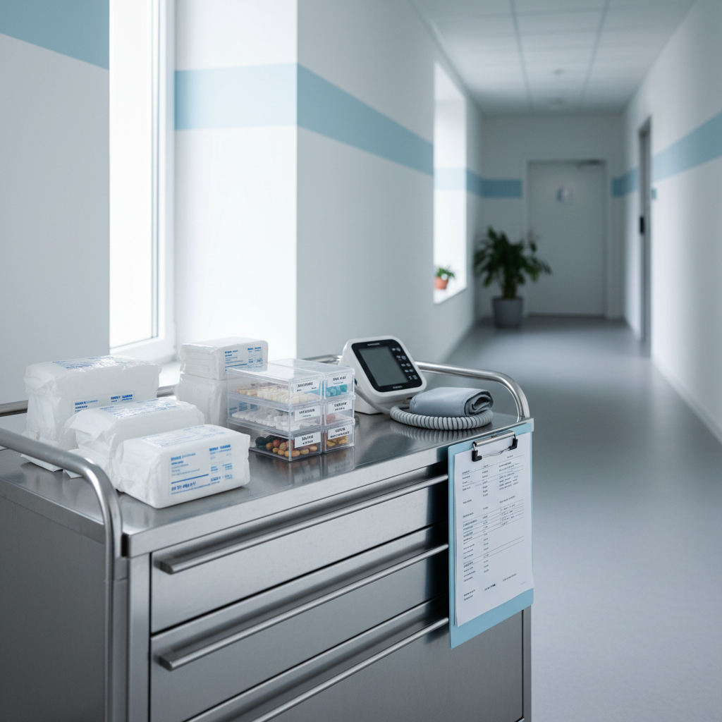 An orderly, modern nurse’s trolley carefully arranged with high-quality medical supplies: neatly stacked sterile dressings, labeled medication organizers, a digital blood pressure monitor, and a pastel-blue clipboard with neatly aligned paperwork. The trolley stands in a bright hallway with clean white walls and a hint of light-blue accent, reminiscent of an upscale Munich apartment. Diffused daylight from a nearby window casts soft reflections on the polished metal surfaces, creating a serene, hygienic atmosphere. Captured from a slightly elevated angle with sharp focus on the trolley and a gently blurred corridor behind, the composition follows the rule of thirds. The style is photographic, minimalist, and sophisticated, emphasizing organization, competence, and trustworthiness.