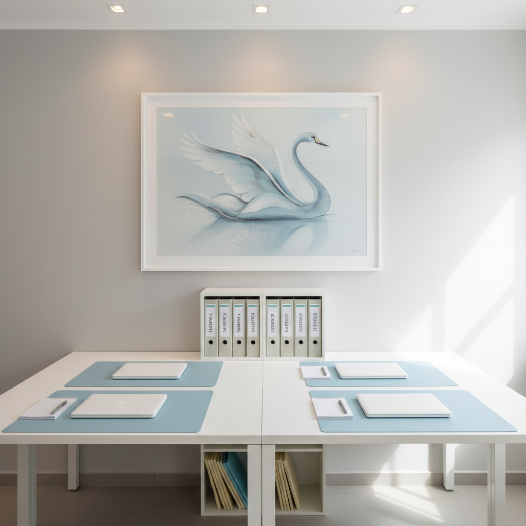 A serene team workstation area without people, featuring two facing white desks with pastel-blue desk pads, neatly closed laptops, matching white-and-blue notepads, and a central shared organizer with labeled care files. A large, framed abstract artwork in muted light-blue and white hangs on the wall, echoing the shape of a swan in a subtle, modern way. Soft overhead lighting combined with gentle natural light from an unseen side window creates even, shadow-soft illumination and refined highlights on the smooth surfaces. Captured from a wide, slightly elevated angle, the composition shows the full workspace with clear lines and ample negative space. The mood is orderly, collaborative, and calm, in a clean, modern photographic style that reflects the structured professionalism of an ambulant care team.