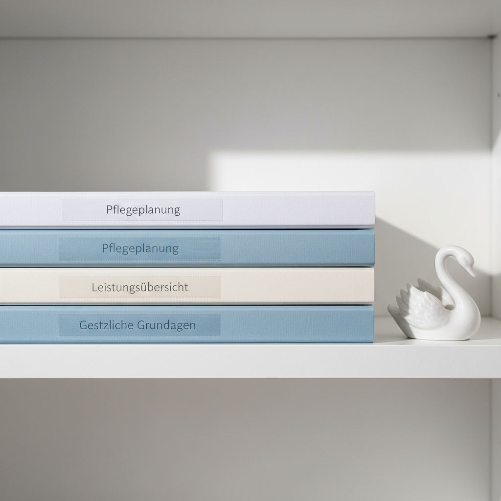 A close-up of a high-quality care folder set, stacked on a minimalist white shelf: each folder in different shades of muted light-blue and white, with elegant, discreet labels such as “Gesetzliche Grundlagen”, “Leistungsübersicht”, and “Pflegeplanung”. A small porcelain white swan figurine sits beside the folders as a subtle brand symbol. Soft, diffused daylight from above creates a gentle gradient on the spines and a calm interplay of light and shadow on the shelf. Photographed straight-on with a shallow depth of field, the center folder is in sharp focus while the others recede softly. The mood is intellectual, organized, and trustworthy, using photographic realism and a refined, minimalist aesthetic suitable for legal and informational sections of the site.
