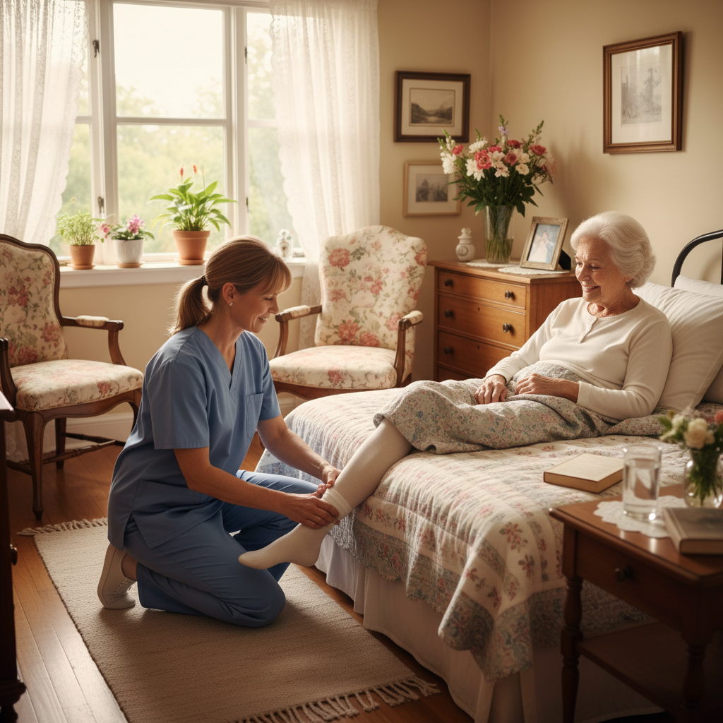 Eine häusliche Pflegesituation: Eine ältere Frau liegt im Bett und erhält fürsorgliche Unterstützung von einer Pflegekraft, die ihr vorsichtig Kompressionsstrümpfe anzieht. Die Umgebung ist freundlich und wohnlich, kein Krankenhausumfeld.