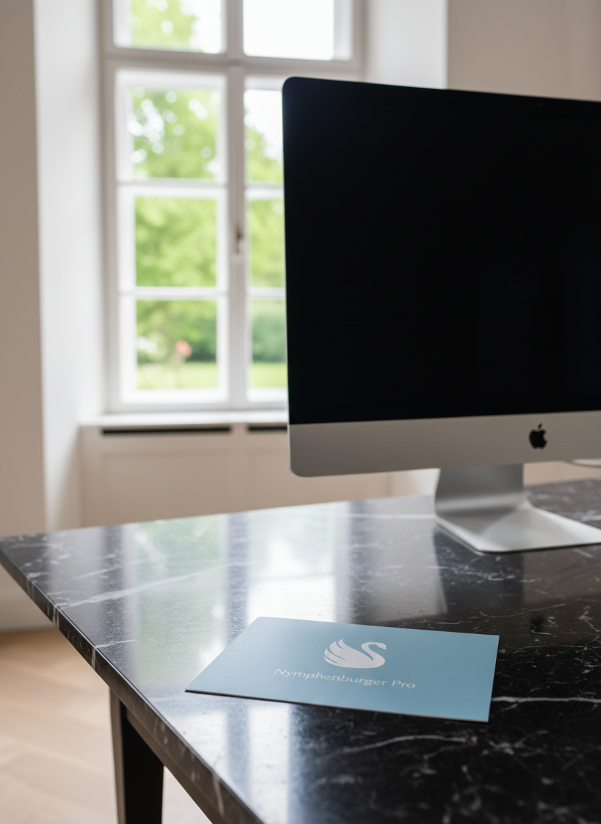 Helles, freundliches Bild eines schwarzen Marmortischs im Vordergrund. Auf dem Tisch liegt ein hellblauer Flyer, Fokus auf dem Tisch. Auf dem Flyer ist ein minimalistisches, klassisches Schwanen-Logo (kein Schwan als Figur, sondern ein typisches, stilisiertes Markenlogo, ganz in Weiß), darunter steht sauber und lesbar: 'Nymphenburger Pro'. Zusätzlich steht auf dem Marmortisch ein großer Apple Computer. Im Hintergrund ist ein großes, weißes Altbaufenster mit Blick auf einen grünen Garten, bleibt dabei hell und neutral. Der Fokus liegt klar auf Tisch, Flyer und Logo.